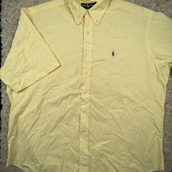 Ralph Lauren BLAKE Button Up Shirt Cotton Adult Size XL Yellow White Check S/S - Picture 2 of 8